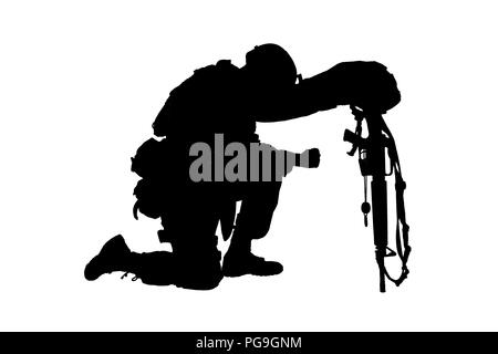 Traurig Soldat kniend, weil der Freund Tod Stockfoto