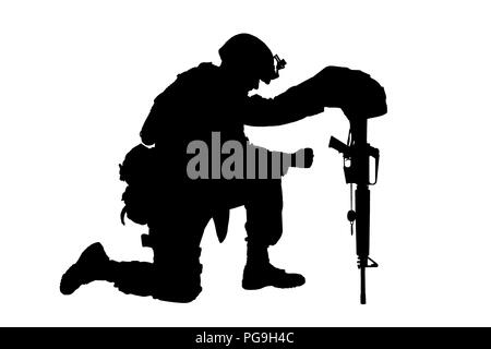 Traurig Soldat kniend, weil der Freund Tod Stockfoto