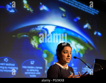 Afrika Flores, Bodenbedeckung und Landnutzung Thema ändern Leitung für SERVIR, spricht während der 2018 Jährliche Earth Science Applications Showcase, Mittwoch, 1. August 2018 bei der NASA Hauptquartier in Washington. Jeden Sommer Studenten und Young Professionals aus dem Nationalen Programm der NASA Angewandte Wissenschaften' entwickeln und an die NASA Hauptquartier und ihre Forschungsprojekte vorstellen. Entwickeln ist ein Ausbildungs- und Entwicklungsprogramm, wo die Schüler auf der Erde Wissenschaft Forschung Projekte arbeiten, die durch Wissenschaft Berater von NASA und Partner Agenturen betreut, und verlängern Sie die Forschungsergebnisse zu den lokalen Gemeinschaften. Stockfoto