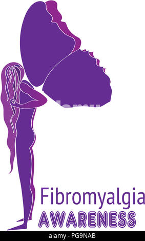 Fibromyalgie Bewusstsein. Lila Frau Silhouette mit schweren purple Butterfly Wings, Symbol der Fibromyalgie, chronische Schmerzen, chronische Müdigkeit ein Stockfoto