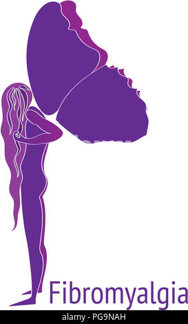 Fibromyalgie Bewusstsein. Lila Frau Silhouette mit schweren purple Butterfly Wings, Symbol der Fibromyalgie, chronische Schmerzen, chronische Müdigkeit ein Stockfoto