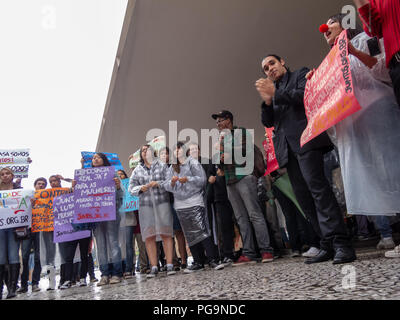 15. Oktober 2011 weltweiten Proteste. Brasilien Demonstranten besetzen Zeichen halten, während Rallyesport, Praca do Patriarca, historischen Stadtzentrum von Sao Paulo, Brasilien Stockfoto