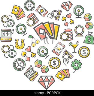 Vektor Glücksspiel und Casino dünne Linie Symbole in Herz Form Design Konzept. Abbildung für Präsentationen auf weißem Hintergrund Stock Vektor