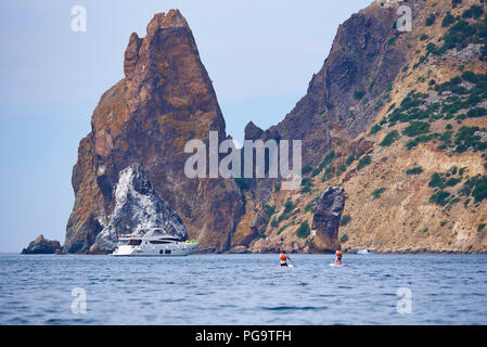 Blick auf das Meer, Felsen und eine schwimmende Mensch, sondern ein Surfbrett in der Nähe der Yacht Stockfoto