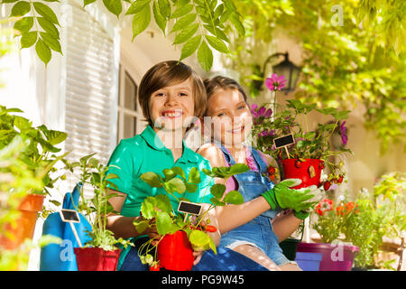 Kleine Gärtner mit eingemachten Erdbeeren Pflanzen Stockfoto