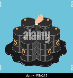Wohnung 3 d isometrische Geschäftsmann Hand in Barrel Öl ertränkt. Ölkrise und Erdölindustrie Konzept. Stock Vektor