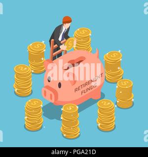 Wohnung 3 d isometrische Geschäftsmann sparen Geld im Sparschwein. Retirement Fund und das Finanzkonzept. Stock Vektor