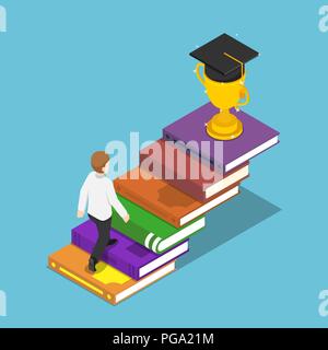 Wohnung 3 d isometrische Geschäftsmann auf Buch Leiter in die Trophäe und skalenhaube auf der Oberseite. Geschäftlicher Erfolg und Bildung Konzept. Stock Vektor