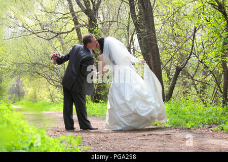 Braut und Bräutigam im Park küssen Stockfoto
