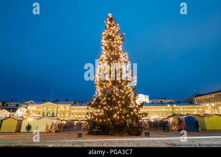 Helsinki, Finnland. Abendlicher Blick der Weihnachtsbaum Am Senatsplatz In Abend Nacht Weihnachten festliche Beleuchtung. Stockfoto