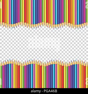 Bunte Bleistifte wellenförmige Grenze Rahmen mit leere Platz für Text auf transparentem Hintergrund isoliert. Kreative Schreibwaren zurück zu Schule, Lehrer Stock Vektor