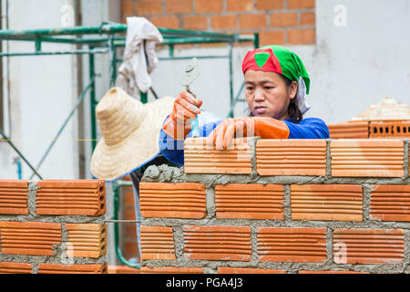 CHIANG MAI, THAILAND - 25. August 2018 - Weibliche Bauarbeiter Stapel Terrakotta Ziegel zu machen Wand auf einer Baustelle in Chiang Mai, Thaila Stockfoto