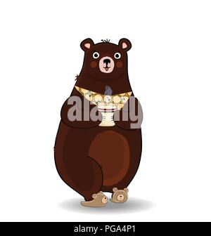 Vector Illustration von kawaii Cartoon bear Charakter in Hausschuhen und Krawatte, Tasse mit heißem Getränk auf weißem Hintergrund. Abbildung c Stock Vektor