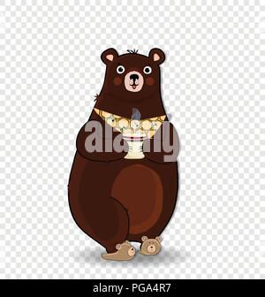 Vector Illustration cute Cartoon bear Charakter in Hausschuhen und Krawatte, Tasse mit heißem Getränk auf Transparenten Hintergrund isoliert. Illustratio Stock Vektor