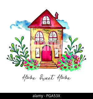 Sweet Home label. Cute Aquarell altes Gebäude mit Niederlassungen und Kräutern auf weißem Hintergrund. Hand gemalte Karte mit Happy House und Blumen. Stockfoto