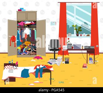 Unordentliches Zimmer, wo junge Dame lebt. Teenager oder Schüler Mädchen unordentlich Zimmer am Morgen. Cartoon Chaos im Zimmer. Lustige Vector Illustration Stock Vektor