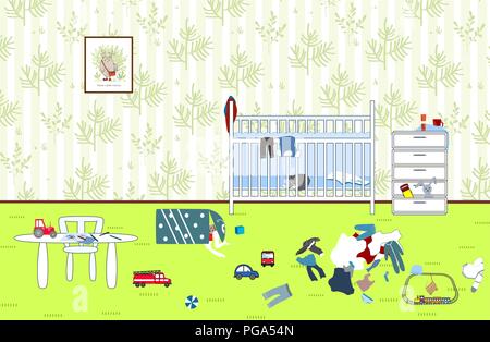 Kinder unordentlich und chaotisch. Kind zerstreut, Spielzeug und Kleidung. Kinderzimmer. Chaos im Haus. Vector Illustration Stock Vektor