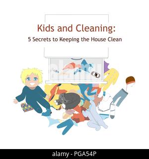 Offene Schublade und ein Baby mit unordentlicher Kleidung auf den Boden. Aus Holz. Halten Haus Schiefer mit Kindern Konzept Stock Vektor