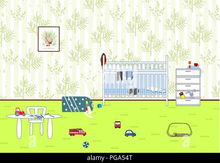 Kinder unordentlich und chaotisch. Kind verstreuten Spielsachen. Kinderzimmer. Chaos im Haus. Vector Illustration Stock Vektor