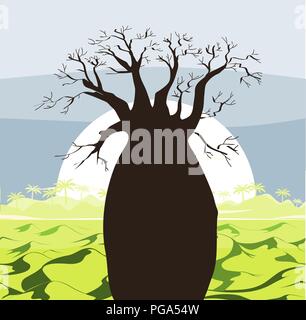 Baobab Baum Landschaft mit grünen Hügeln und Sonne. Baobab Silhouette. African sunrise Hintergrund. Vector Illustration Stock Vektor