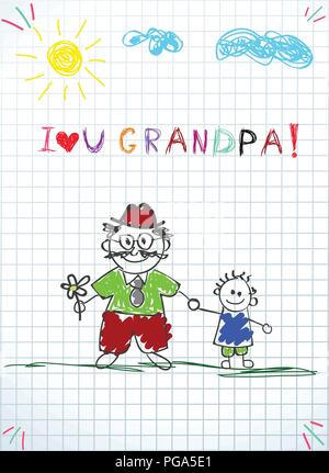 Kinder bunte Bleistift Zeichnungen. Vector Illustration von Opa und Enkel zusammen halten sich an den Händen und Beschriftung Ich liebe dich Opa auf Quadrat Stock Vektor