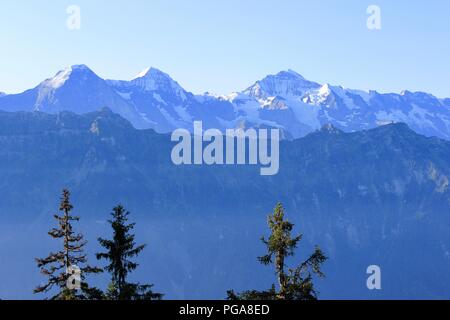 Weibliche Wanderer mit Blick auf den Brienzersee in den Schweizer Bergen - Hardergrat Trail Finisher Stockfoto