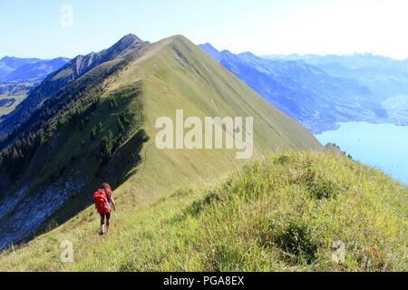 Weibliche Wanderer mit Blick auf den Brienzersee in den Schweizer Bergen - Hardergrat Trail Finisher Stockfoto