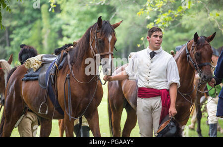 MCCONNELLS, SC (USA) - 14. Juli 2018: einen revolutionären Krieg Reenactor mit seinem Pferd nach einer Erholung von der Schlacht von Huck's Niederlage. Stockfoto