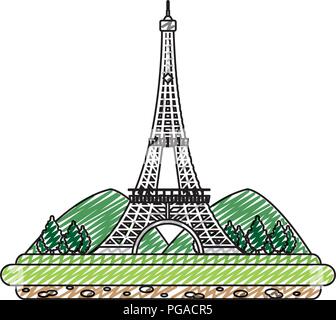 Doodle Eiffelturm mit mountainsand bäume landschaft Stock Vektor