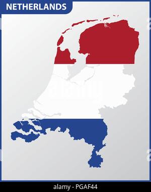 Die detaillierte Karte der Niederlande mit National Flagge Stock Vektor