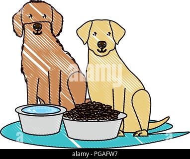 Süße Hunde mit futternäpfe auf weißem Hintergrund, Vector Illustration Stock Vektor