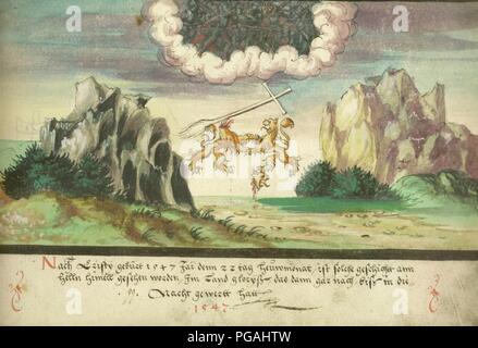 Augsburger Wunderzeichenbuch-Folio 157 - Himmelsschlacht, Löwen über Glarus 1547. Stockfoto