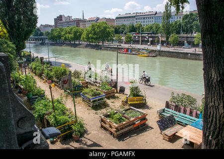 Radweg auf der Donau in Wien Gemüsebeeten mit Palette Möbel Stockfoto