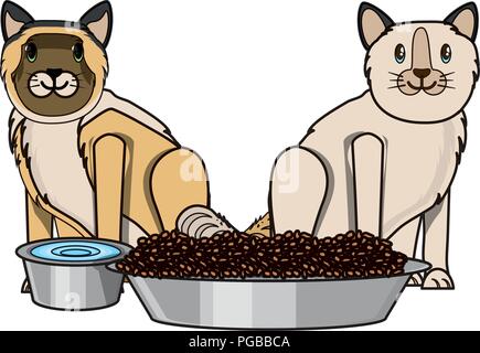 Süße Katzen mit futternäpfe auf weißem Hintergrund, Vector Illustration Stock Vektor