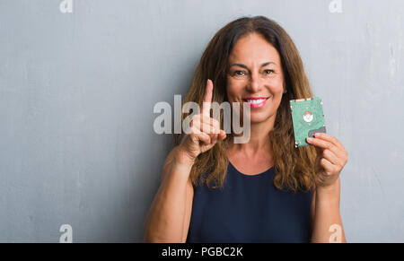 Mittleres Alter Hispanic Frau stehend über Grau grunge Wand holding Festplatte mit einer Idee oder Frage Zeigefinger mit glücklichen Gesicht überrascht, Anzahl Stockfoto
