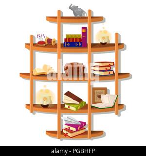 Wand- Holz- Regal mit Büchern auf weißem Hintergrund. Vektor cartoon Close-up Abbildung. Stock Vektor