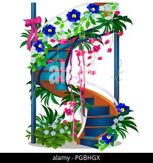 Eine schöne Wendeltreppe mit Blumen auf weißem Hintergrund. Vektor cartoon Close-up Abbildung. Stock Vektor