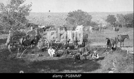 Cowboys Essen in der Nähe von Chuck wagon; kleine Gruppen von Pferden und Rindern in einem Campingplatz. Stockfoto