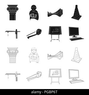 Baukran, Maßband messen, Zeichenbrett, Computer. Architektur Sammlung Icons in Schwarz, Outline style Vektor Symbol lieferbar Illu Stock Vektor