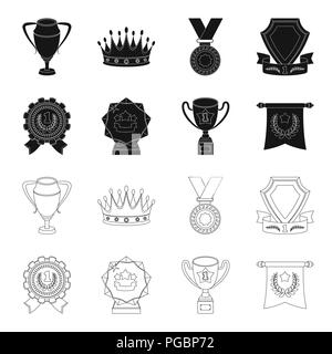 Eine olympische Medaille für den ersten Platz, eine Kristallkugel, eine goldene Schale auf einem Ständer, einem roten Anhänger. Auszeichnungen und Trophäen set Sammlung Icons in Schwarz, die s Stock Vektor