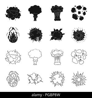 Flamme, Funken, Wasserstoff Fragmente, Atomic oder gas Explosion, Gewitter, solar Explosion. Explosionen set Sammlung Icons in Schwarz, outline Style vect Stock Vektor