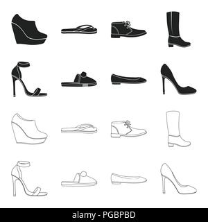 Blaue Sandaletten, hausgemachte lila Hausschuhe mit einem pampon, rosa Frauen Ballerinas, braun Schuhe mit hohen Absätzen. Shoes collection Symbole in Schwarz Stock Vektor