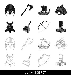 Viking in Helm mit Hörnern, Muskatblüte, Bogen und Pfeil, Schatz. Vikings set Sammlung Icons in Schwarz, Outline style Vektor Symbol lieferbar Abbildung. Stock Vektor