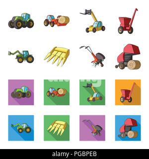 Motoblock und andere landwirtschaftliche Geräte. Landwirtschaftliche Maschinen ein Sammlung Icons im Cartoon, flacher Stil vektor Symbol lieferbar Abbildung. Stock Vektor