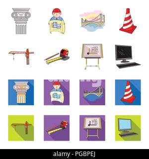 Baukran, Maßband messen, Zeichenbrett, Computer. Architektur Sammlung Icons im Cartoon, flacher Stil vektor Symbol lieferbar Illus Stock Vektor