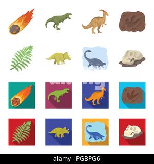 Meer Dinosaurier, Triceratops, prähistorische Pflanze, menschlicher Schädel. Dinosaurier und prähistorischen Periode set Sammlung Icons im Cartoon, flacher Stil Vektor symbol Sto Stock Vektor