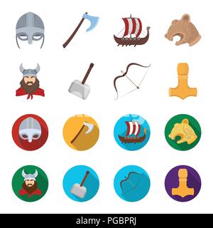 Viking in Helm mit Hörnern, Muskatblüte, Bogen und Pfeil, Schatz. Vikings set Sammlung Icons im Cartoon, flacher Stil vektor Symbol lieferbar Abbildung. Stock Vektor