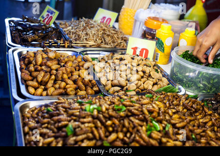 Thai Food gebraten würzige Würmer und Insekten in der Nacht Street Market in der Stadt Phuket, Thailand. Natürliches Protein, selektiver Fokus Stockfoto