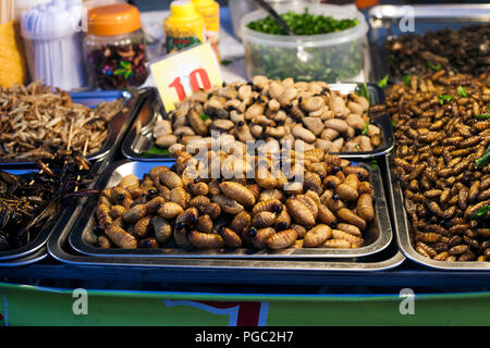 Thai Food gebraten würzige Würmer und Insekten in der Nacht Street Market in der Stadt Phuket, Thailand. Natürliches Protein, selektiver Fokus Stockfoto