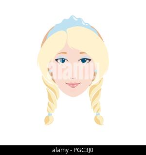 Blonde Frau flach Portrait als Schnee maiden Snegurochka in kokoshnik Eis Krone und blauen Pelzmantel lächelnd Vector Illustration Stock Vektor